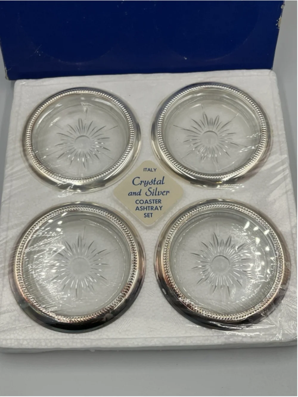 VTG Leonard Crystal Silver Plated 4 Coasters Starburst Pattern ITALY 25th Anniv